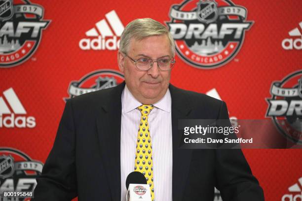 Buffalo Sabres owner Terry Pegula speaks to the media during the NHL, NHLPA & NCAA Press Conference before the 2017 NHL Draft at United Center on...