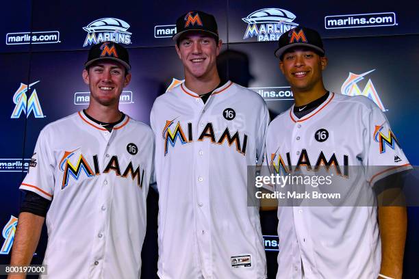 Brian Miller, Trevor Rogers, and Joe Dunand are introduced before the game between the Miami Marlins and the Chicago Cubs at Marlins Park on June 23,...