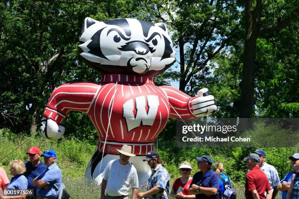 Bucky Badger is seen near the 14 green during the first round of the American Family Insurance Championship held at University Ridge Golf Course on...