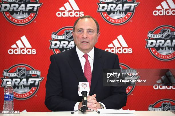 Commissioner Gary Bettman speaks during the NHL, NHLPA & NCAA Press Conference before the 2017 NHL Draft at United Center on June 23, 2017 in...