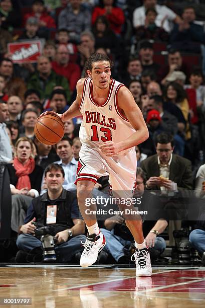 Joakim Noah of the Chicago Bulls moves the ball up court during the game against the Minnesota Timberwolves at the United Center on January 29, 2008...