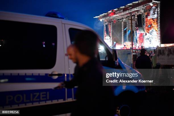 Police forces secure the Red Stage during the Hurricane Festival 2017 on June 23, 2017 in Scheessel, Germany. The gates of the festival have...