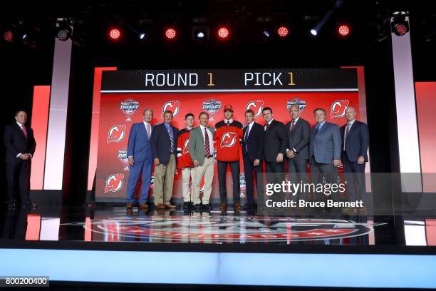 Nico Hischier poses for photos after being selected first overall by the New Jersey Devils during the 2017 NHL Draft at the United Center on June 23,...