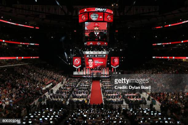 General view as Nico Hischier after being selected first overall by the New Jersey Devils during the 2017 NHL Draft at the United Center on June 23,...
