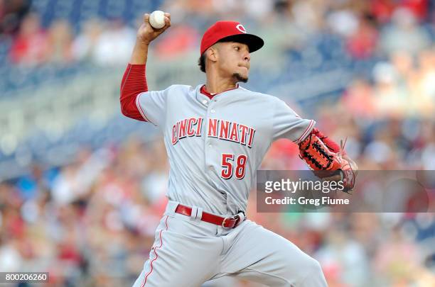 Luis Castillo of the Cincinnati Reds pitches in the first inning of his MLB debut against the Washington Nationals at Nationals Park on June 23, 2017...
