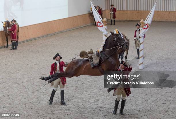 Portuguese School of Equestrian Art riders and jumping horses perform a gala at Henrique Calado riding ring after the presentation of new...