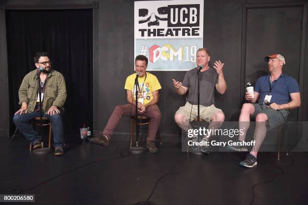 Horatio Sanz, Matt Besser, Ian Roberts and Matt Walsh perform on stage during the 19th Annual Del Close Improv Comedy Marathon Press Conference at...