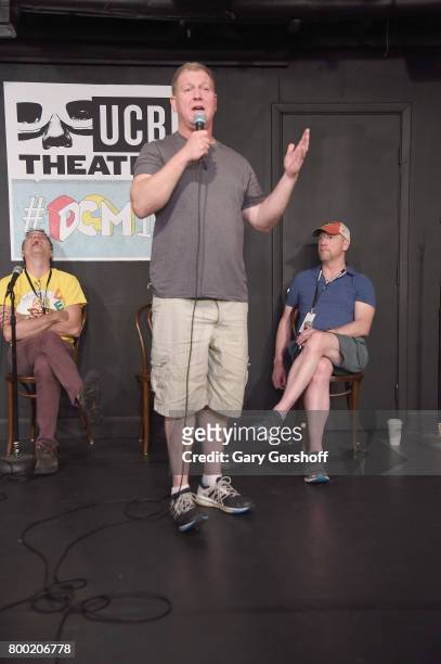 Matt Besser, Ian Roberts and Matt Walsh perform on stage during the 19th Annual Del Close Improv Comedy Marathon Press Conference at Upright Citizens...