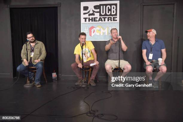 Horatio Sanz, Matt Besser, Ian Roberts and Matt Walsh perform on stage during the 19th Annual Del Close Improv Comedy Marathon Press Conference at...