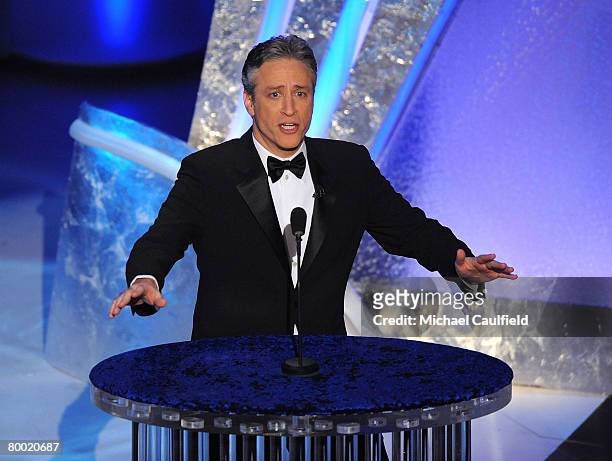 Host Jon Stewart onstage during the 80th Annual Academy Awards at the Kodak Theatre on February 24, 2008 in Los Angeles, California.
