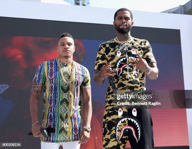 Recording artists Rotimi and Dave East speak onstage at day two of 2017 BETX Live!, sponsored by McDonald's, at Gilbert Lindsey Plaza on June 23,...