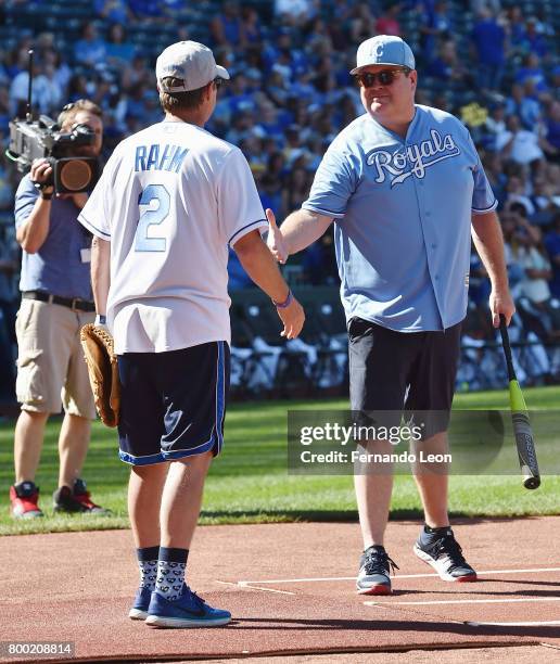 Kevin Rahm and Eric Stonestreet shake hands during the 2017 Big Slick Celebrity Weekend at Kauffman Stadium on June 23, 2017 in Kansas City, Missouri.