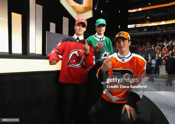 Nico Hischier, first overall pick of the New Jersey Devils, Miro Heiskanen, third overall pick of the Dallas Stars, and Nolan Patrick, second overall...
