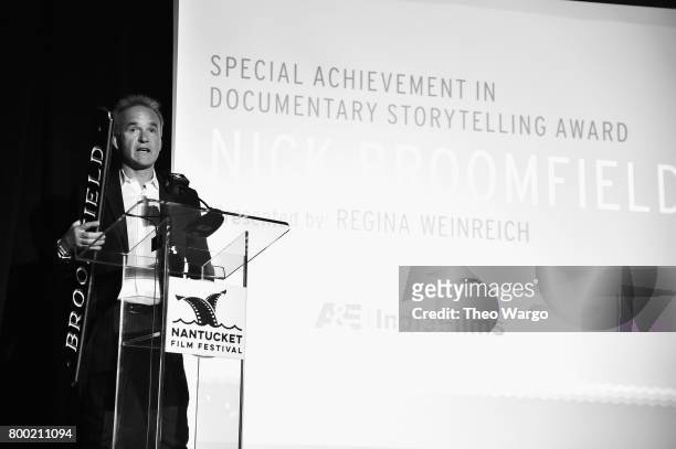 Director Nick Broomfield accepts an award onstage at the Screenwriters Tribute during the 2017 Nantucket Film Festival - Day 3 on June 23, 2017 in...