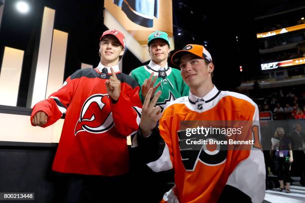 Nico Hischier, Miro Heiskanen, and Nolan Patrick pose for photos after being selected during the 2017 NHL Draft at the United Center on June 23, 2017...