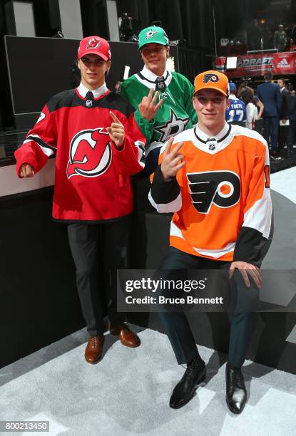 Nico Hischier, Miro Heiskanen, and Nolan Patrick pose for photos after being selected during the 2017 NHL Draft at the United Center on June 23, 2017...