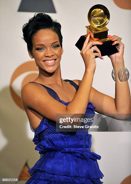 Singer Rihanna in the press room at the 50th Annual GRAMMY Awards at the Staples Center on February 10, 2008 in Los Angeles, California.