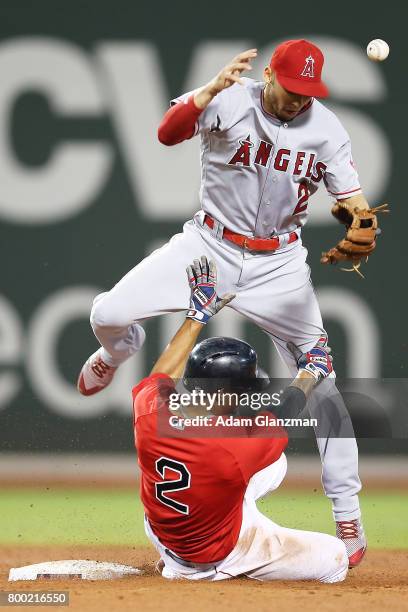 Andrelton Simmons of the Los Angeles Angels of Anaheim bobbles the ball as Xander Bogaerts of the Boston Red Sox slides into second base in the sixth...