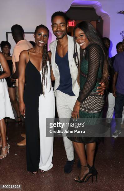 Issa Rae, Jay Ellis and Yvonne Orji attend the 20th Anniversary Celebration of HBO x ABFF at The Betsy Hotel on June 17, 2017 in Miami, Florida.