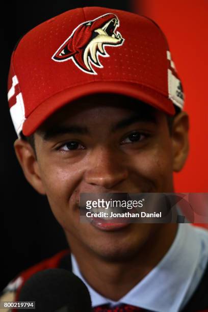 Pierre-Olivier Joseph is interviewed after being selected 23rd overall by the Arizona Coyotes during the 2017 NHL Draft at the United Center on June...