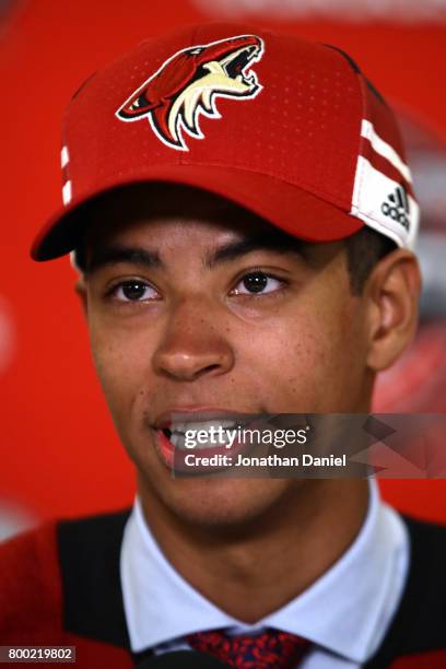 Pierre-Olivier Joseph is interviewed after being selected 23rd overall by the Arizona Coyotes during the 2017 NHL Draft at the United Center on June...