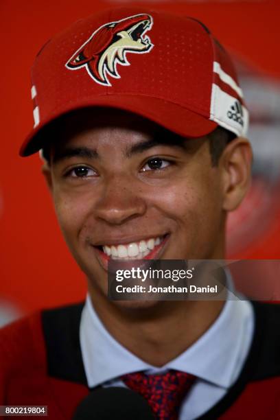 Pierre-Olivier Joseph is interviewed after being selected 23rd overall by the Arizona Coyotes during the 2017 NHL Draft at the United Center on June...