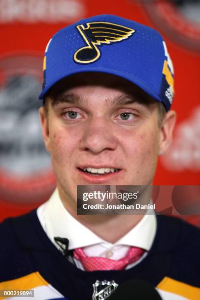 Robert Thomas is interviewed after being selected 20th overall by the St. Louis Blues during the 2017 NHL Draft at the United Center on June 23, 2017...