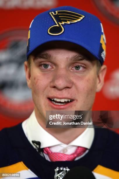 Robert Thomas is interviewed after being selected 20th overall by the St. Louis Blues during the 2017 NHL Draft at the United Center on June 23, 2017...