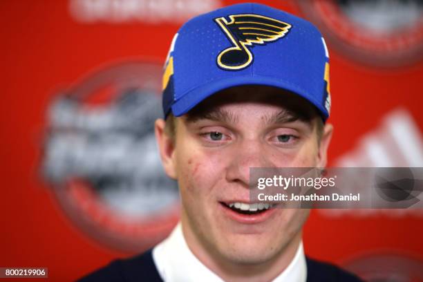 Robert Thomas is interviewed after being selected 20th overall by the St. Louis Blues during the 2017 NHL Draft at the United Center on June 23, 2017...