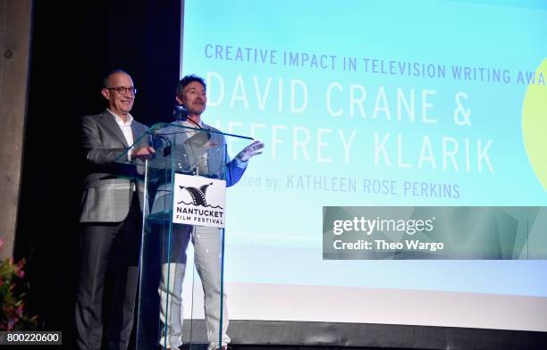 David Crane and Jeffrey Klarik accept an award onstage at the Screenwriters Tribute during the 2017 Nantucket Film Festival - Day 3 on June 23, 2017...