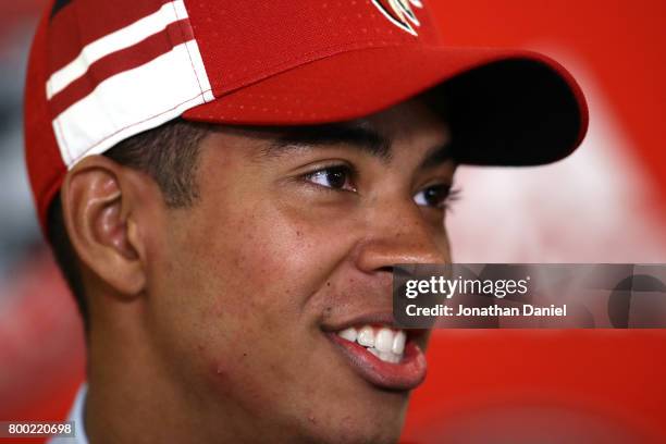 Pierre-Olivier Joseph is interviewed after being selected 23rd overall by the Arizona Coyotes during the 2017 NHL Draft at the United Center on June...