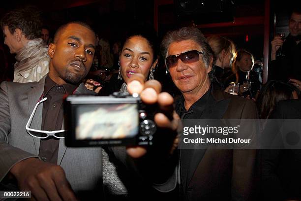 Kanye West, Alexis Phifer and Roberto Cavalli attend the Cavalli Party In Paris, during the Fall/Winter 2008-2009 ready-to-wear collection show in...