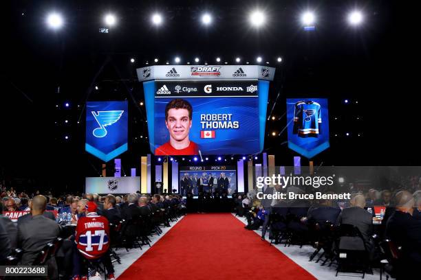 General view as Robert Thomas is selected 20th overall by the St. Louis Blues during the 2017 NHL Draft at the United Center on June 23, 2017 in...