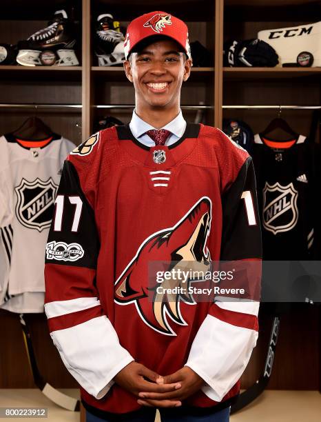 Pierre-Olivier Joseph poses for a portrait after being selected 23rd overall by the Arizona Coyotes during the 2017 NHL Draft at the United Center on...