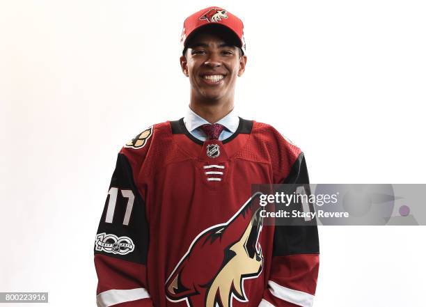 Pierre-Olivier Joseph poses for a portrait after being selected 23rd overall by the Arizona Coyotes during the 2017 NHL Draft at the United Center on...