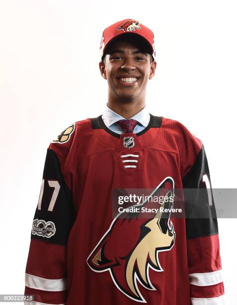 Pierre-Olivier Joseph poses for a portrait after being selected 23rd overall by the Arizona Coyotes during the 2017 NHL Draft at the United Center on...