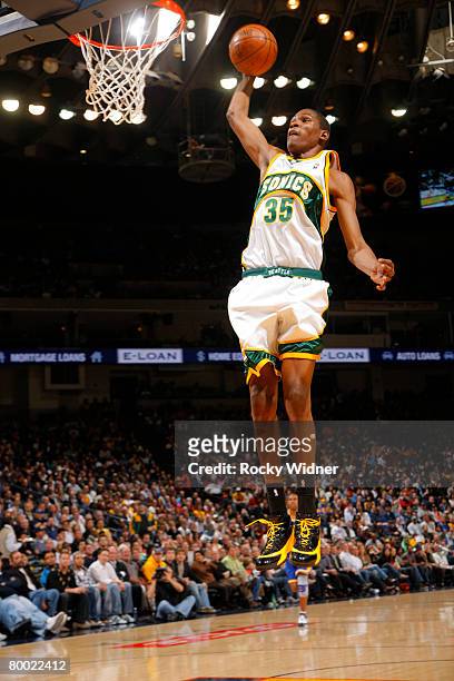Kevin Durant of the Seattle SuperSonics dunks the ball against the Golden State Warriors on February 26, 2008 at Oracle Arena in Oakland, California....