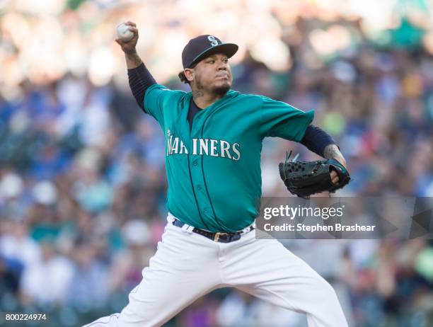 Starter Felix Hernandez of the Seattle Mariners delivers a pitch during the first inning of a game against the Houston Astros at Safeco Field on June...