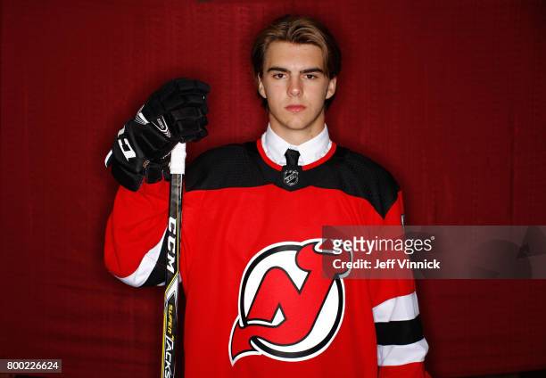 First overall draft pick Nico Hischier of the New Jersey Devils poses for a portrait during Round One of the 2017 NHL Draft at United Center on June...