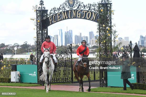 Damien Oliver returns to the mounting yard on Encosta Line after winning Grampians Region Handicap at Flemington Racecourse on June 24, 2017 in...