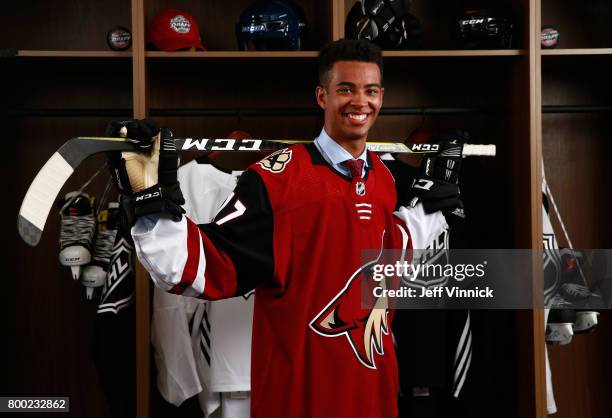 Pierre-Olivier Joseph, 23rd overall pick of the Arizona Coyotes, poses for a portrait during Round One of the 2017 NHL Draft at United Center on June...