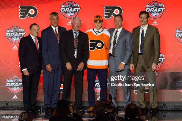 The Philadelphia Flyers select center Morgan Frost with the 27th pick in the first round of the 2017 NHL Draft on June 23 at the United Center in...
