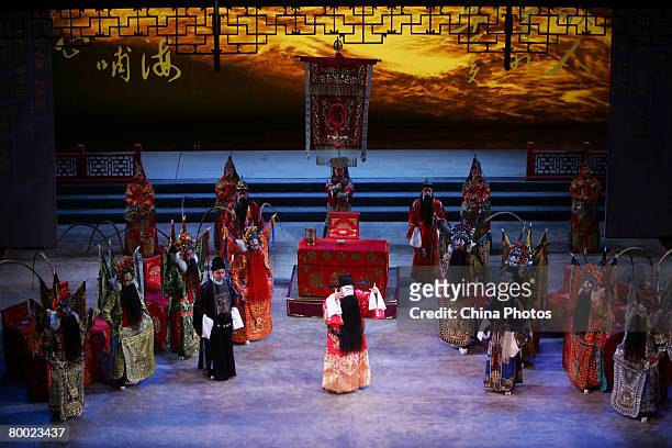 Actor Shang Changrong performs a scene from the Peking Opera during a show at the Mei Lanfang Grand Theatre on February 26, 2008 in Beijing, China....