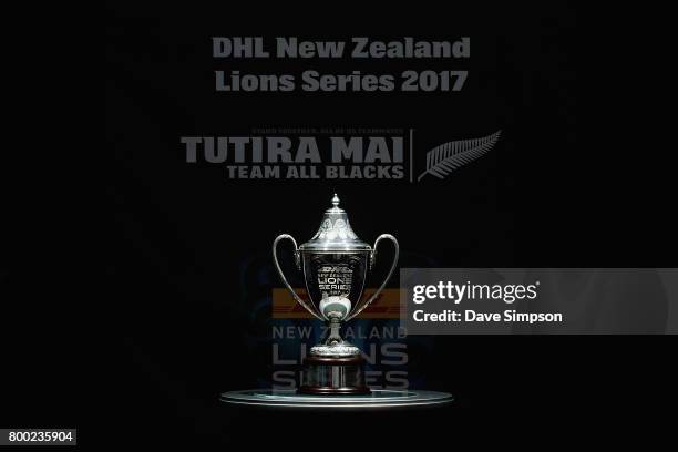 The DHL New Zealand Lions Series 2017 trophy on display ahead of the Rugby Test match between the New Zealand All Blacks and the British & Irish...