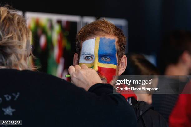 British & Irish Lions fan in facepaint at the Queens Wharf Auckland Fanzone for the Rugby Test match between the New Zealand All Blacks and the...