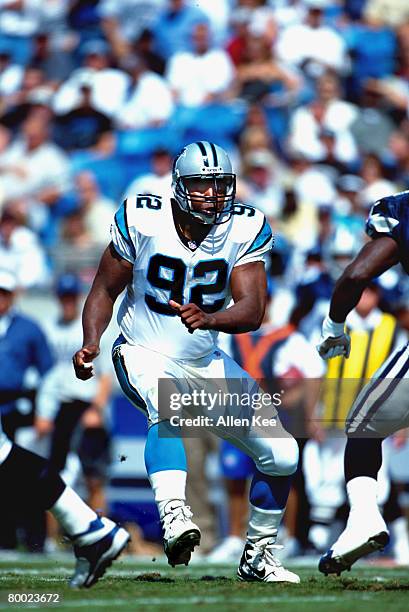 Defensive End Reggie White of the Carolina Panthers attempts a pass rush against the Dallas Cowboys on . Dallas beats Carolina 16 to 13.