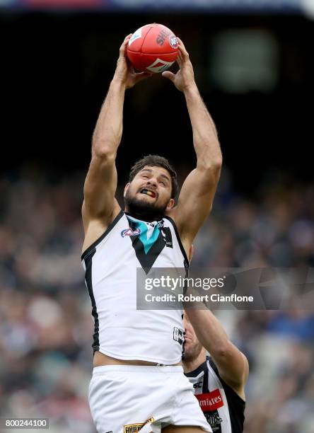 Paddy Ryder of the Power takes a mark during the round 14 AFL match between the Collingwood Magpies and the Port Adelaide Power at Melbourne Cricket...