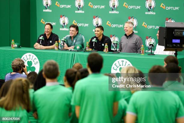 Jayson Tatum of the Boston Celtics talks to the media along with Wyc Grousbeck, Stephen Pagliuca, Brad Stevens and Danny Ainge of the Boston Celtics...