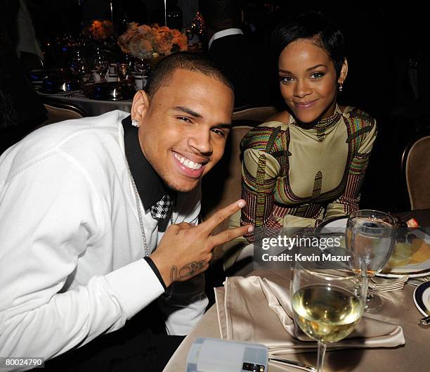 Singer Chris Brown and Singer Rihanna during the 2008 Clive Davis Pre-GRAMMY party at the Beverly Hilton Hotel on February 9, 2008 in Los Angeles,...