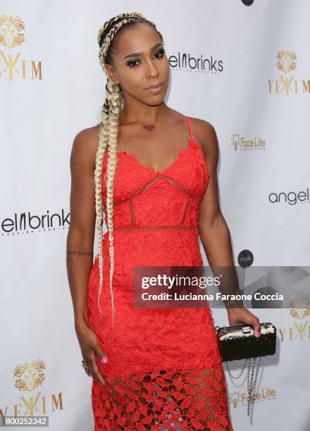 Musical artist Amina Buddafly attends Yekim X Brinks, a day party and fashion experience at Penthouse Nightclub & Dayclub on June 23, 2017 in West...